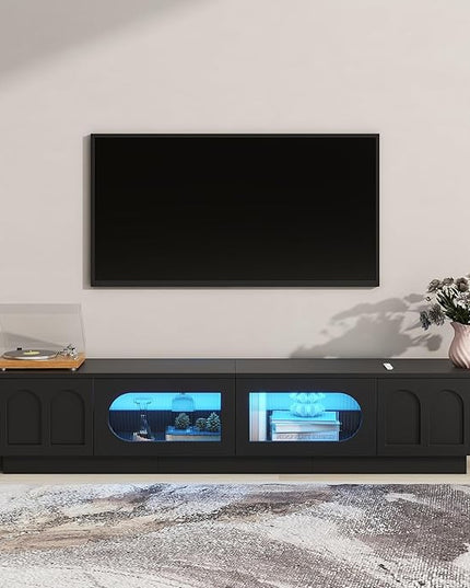 Stand with Fluted tempered Glass TVs Up to 95'', Functional Media Console with Arched Cabinet Doors, Entertainment Center with APP-Controlled LED Light for Living Room, Black, 86.60 inch Length - LeafyLoom