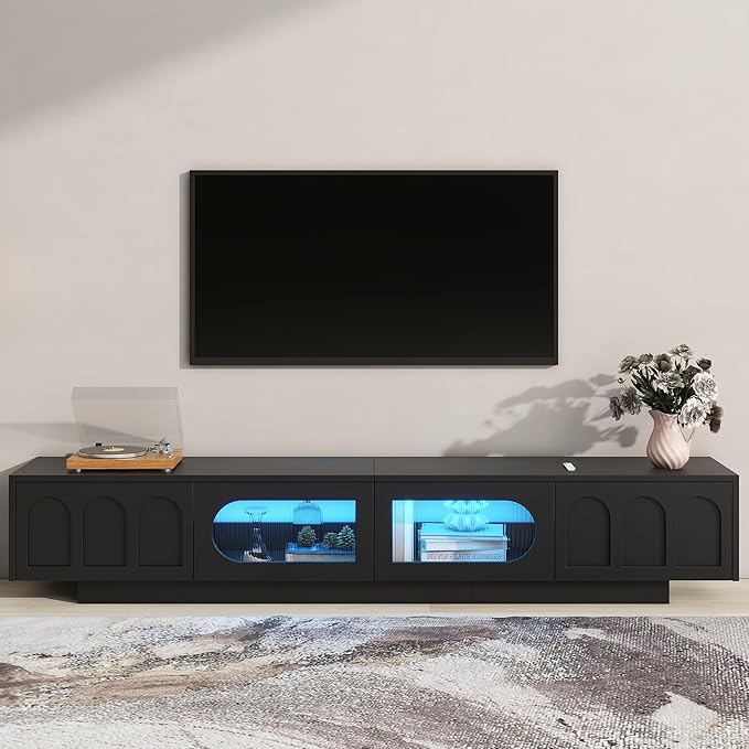Stand with Fluted tempered Glass TVs Up to 95'', Functional Media Console with Arched Cabinet Doors, Entertainment Center with APP-Controlled LED Light for Living Room, Black, 86.60 inch Length - LeafyLoom
