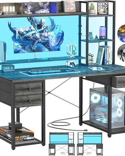 Aheaplus Desk with LED and Outlets, Gaming Desk with Hutch, 47.2'' Computer Desk with Drawers, Reversible office desk with storage bookshelf Large Workstation Desk with Shelf, Desk for Home, Black Oak - LeafyLoom