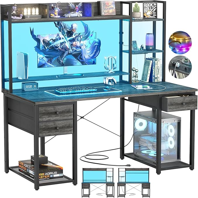 Aheaplus Desk with LED and Outlets, Gaming Desk with Hutch, 47.2'' Computer Desk with Drawers, Reversible office desk with storage bookshelf Large Workstation Desk with Shelf, Desk for Home, Black Oak - LeafyLoom