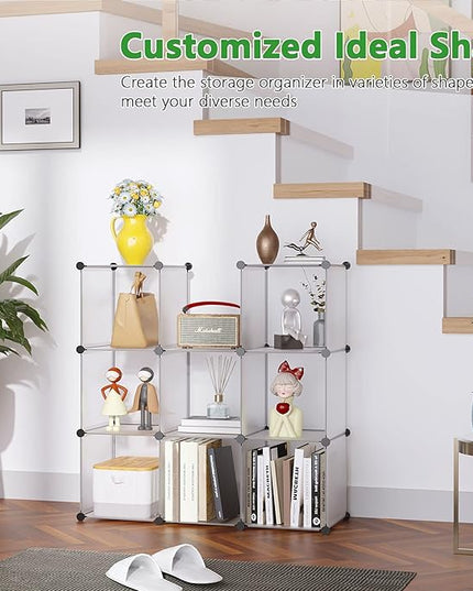 C&AHOME Cube Storage, 9-Cube Plastic Closet Cabinet Organizer, DIY Stackable Bookshelf, Modular shelving Units Ideal for Home, Office, Kids Room, 36.6"L x 12.4" W x 48.4" H Translucent White SBTM3009A - LeafyLoom