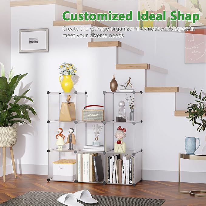 C&AHOME Cube Storage, 9-Cube Plastic Closet Cabinet Organizer, DIY Stackable Bookshelf, Modular shelving Units Ideal for Home, Office, Kids Room, 36.6"L x 12.4" W x 48.4" H Translucent White SBTM3009A - LeafyLoom