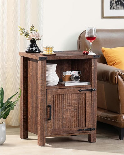 Night Stand Set of 2, 18 Inch Farmhouse Nightstand with with Charging Station and USB Port, Rustic Wood Bedside Table with Magnetic Door, Bed Side Tables for Bedroom, Reclaimed Barnwood - LeafyLoom