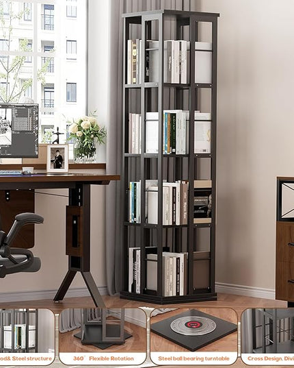 Aheaplus Rotating Bookshelf, Corner Bookshelf, 360 Display Wood Spinning Bookshelf, Floor Standing Bookcase Narrow Shelf Revolving Organizer Storage Rack for Small Space, Bedroom, Study Room, Black - LeafyLoom