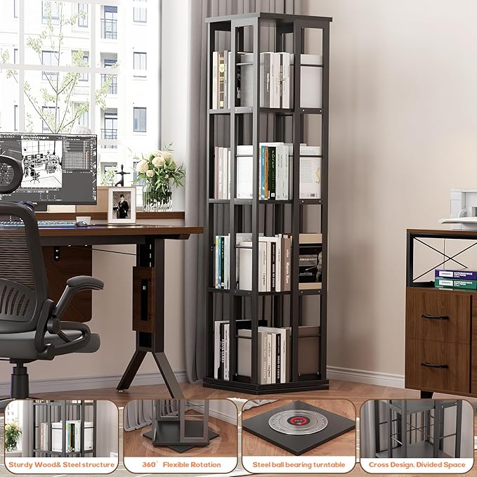 Aheaplus Rotating Bookshelf, Corner Bookshelf, 360 Display Wood Spinning Bookshelf, Floor Standing Bookcase Narrow Shelf Revolving Organizer Storage Rack for Small Space, Bedroom, Study Room, Black - LeafyLoom