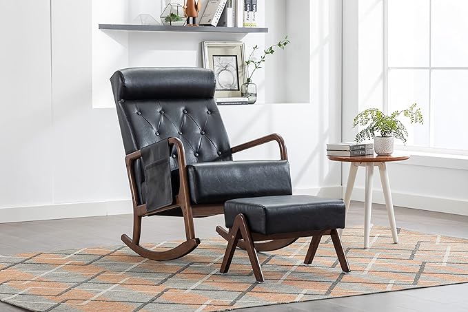 Armchair with Ottoman, Mid-Century Upholstered Accent Nursery, Glider Rocker Thick Cushion, Comfy Indoor Leisure Lounge Living Room, Bedroom, Office, Rocking Chair, Black - LeafyLoom