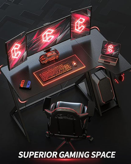 CubiCubi Aurora Gaming Desk with Carbon Fiber Surface, 47 Inch L Shaped Desk with Storage Shelves, Small Corner Computer Desk with Monitor Shelf, Gamer Desk PC Table, Black - LeafyLoom
