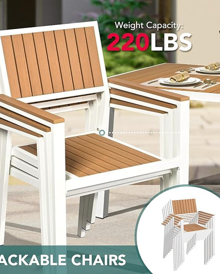 Pamapic 8-Piece Patio Dining Set，Outdoor Aluminum Furniture Set with Plastic-Wood Table Top,Outdoor Furniture Set with 6 Outdoor Stackable Chairs for Patio Garden Poolside (White) - LeafyLoom