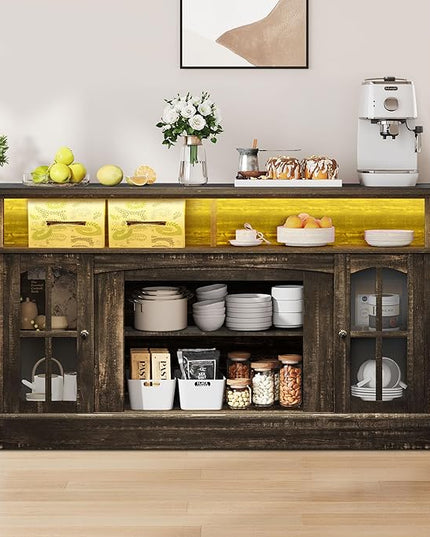 YITAHOME Coffee Bar Cabinet, 58 Inch Farmhouse Buffet Cabinet with Power Outlets and LED Lights, Sideboard Storage Cabinets w/Adjustable Shelves & Glass Doors for Kitchen, Living Room, Dark Rustic Oak - LeafyLoom