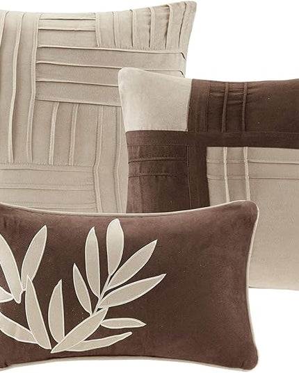 Madison Park Cozy Comforter Set Casual Blocks Design All Season, Matching Bed Skirt, Decorative Pillows, King (104 in x 92 in), Dune Beige/Brown, 7 Piece - LeafyLoom