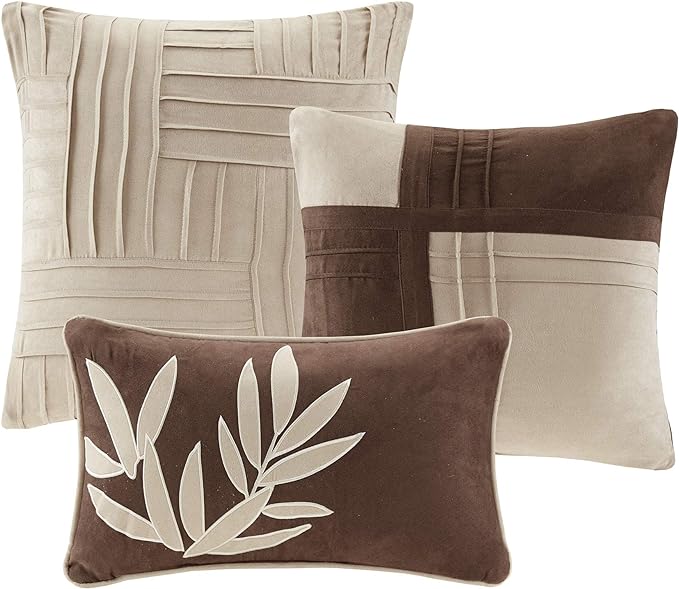 Madison Park Cozy Comforter Set Casual Blocks Design All Season, Matching Bed Skirt, Decorative Pillows, King (104 in x 92 in), Dune Beige/Brown, 7 Piece - LeafyLoom