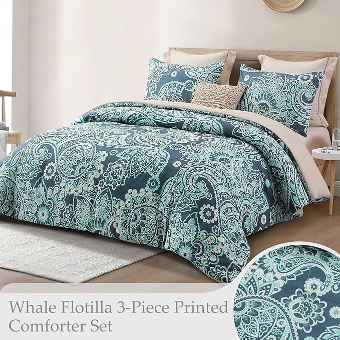 Whale Flotilla King Comforter Set, Soft Reversible Turquoise Bedding Comforter Set with Pailsey Pattern, 1 Micoriber Printed Comforter and 2 Pillow Shams, 3 Pieces - LeafyLoom