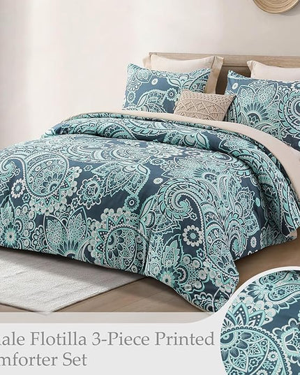 Whale Flotilla Queen Full Comforter Set, Soft Reversible Turquoise Bedding Comforter Set with Pailsey Pattern, 1 Micoriber Printed Comforter and 2 Pillow Shams, 3 Pieces - LeafyLoom
