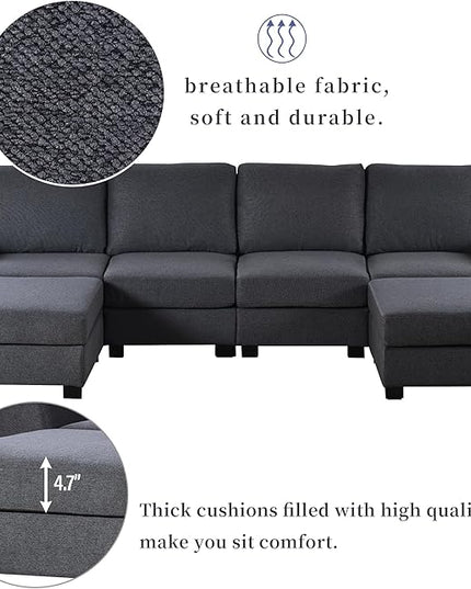 130.7" Large Sectional Sofa with Removable Ottomans, 3-Pieces Modular Upholstered Couch w/Double Chaise Lounges for Living Room Apartment Home,Spacious Space, 130.7 Inch, Gray - LeafyLoom