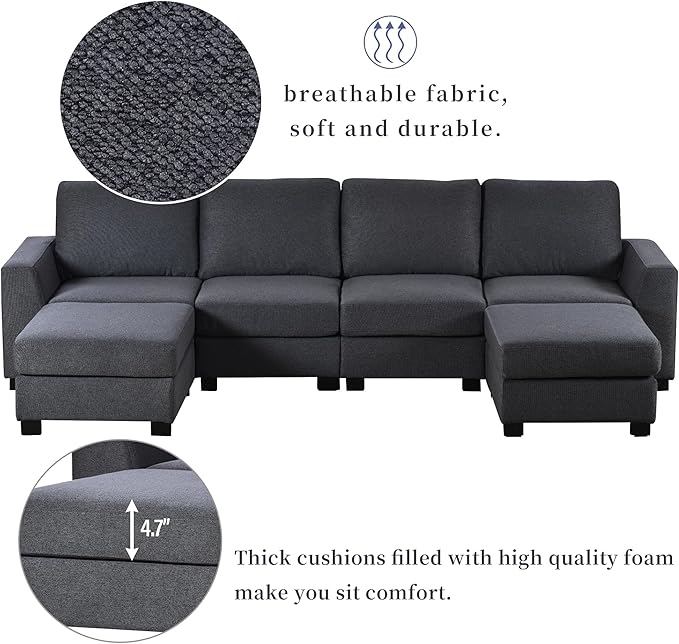 130.7" Large Sectional Sofa with Removable Ottomans, 3-Pieces Modular Upholstered Couch w/Double Chaise Lounges for Living Room Apartment Home,Spacious Space, 130.7 Inch, Gray - LeafyLoom