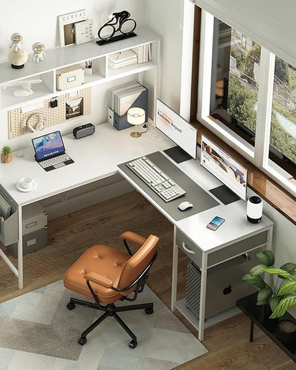Yoobure L Shaped Desk Gaming Desk with LED Strip & Power Outlet, Reversible L-Shaped Computer Desk with Storage Shelf & Drawer, Corner Desk with Storage Bag, 2 Person Home Office Desk, White - LeafyLoom