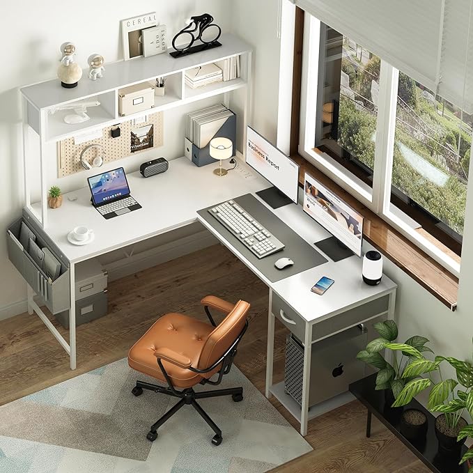 Yoobure L Shaped Desk Gaming Desk with LED Strip & Power Outlet, Reversible L-Shaped Computer Desk with Storage Shelf & Drawer, Corner Desk with Storage Bag, 2 Person Home Office Desk, White - LeafyLoom