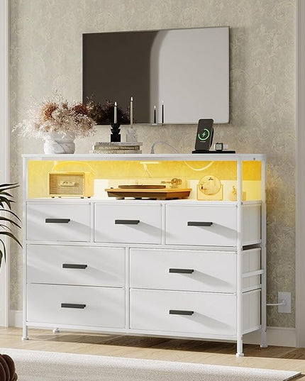 Dresser TV Stand with 7 Drawers, Dresser TV Stand with LED Lights & Power Outlets, Bedroom Dresser, Chest of Drawers up to 45'' Long TV, Wide Fabric Dresser with Open Shelf (White) - LeafyLoom