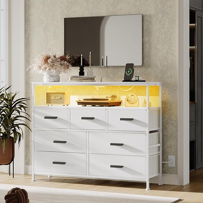 Dresser TV Stand with 7 Drawers, Dresser TV Stand with LED Lights & Power Outlets, Bedroom Dresser, Chest of Drawers up to 45'' Long TV, Wide Fabric Dresser with Open Shelf (White) - LeafyLoom