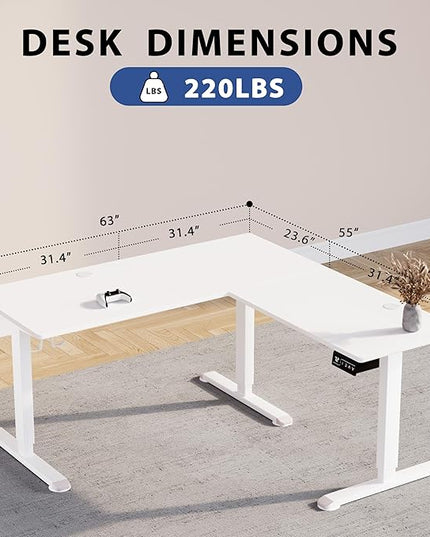 L-Shaped Electric Standing Desk, 63 x 55 Inches Height Adjustable Coner Table, Home Office Computer Workstation, White, 63 x 55 Inch - LeafyLoom