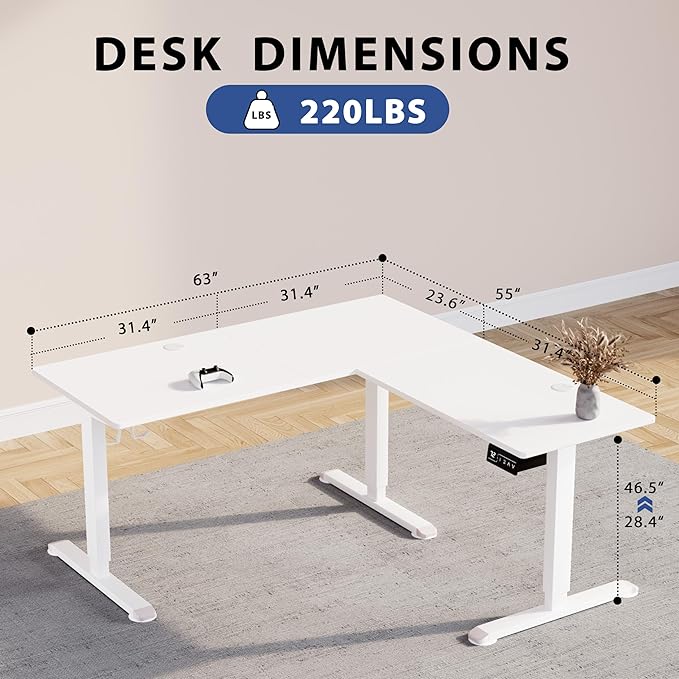 L-Shaped Electric Standing Desk, 63 x 55 Inches Height Adjustable Coner Table, Home Office Computer Workstation, White, 63 x 55 Inch - LeafyLoom