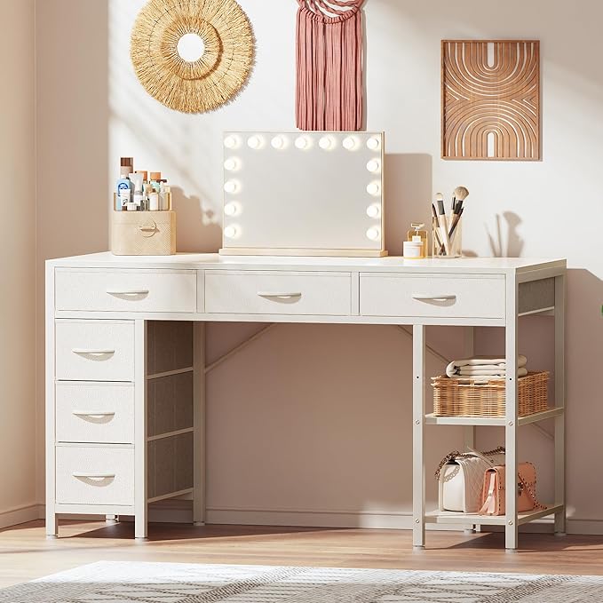 Computer Desk with 6 Drawers, 47 Inch Office Desk with Shelves, Reversible Gaming Desk, Corner Desk with Storage, Work Desk for Home Office, Study, Living Room, White - LeafyLoom
