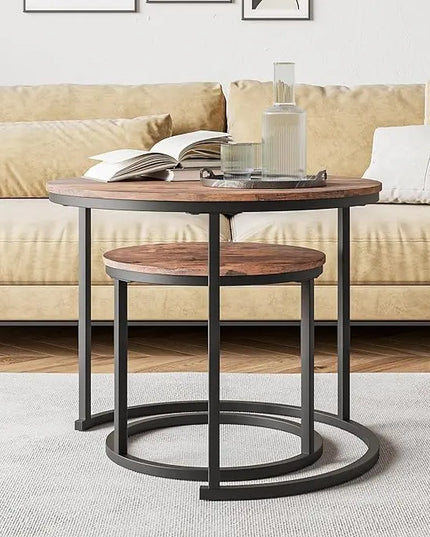 Round Coffee Table Set of 2 for Living Room,Black Small Coffee Table Living Room Table,Nesting Tables Metal Frame/Wood,Sturdy/Easy Assembly,Stacking Side Tables Bedroom,Rustic Brown - LeafyLoom