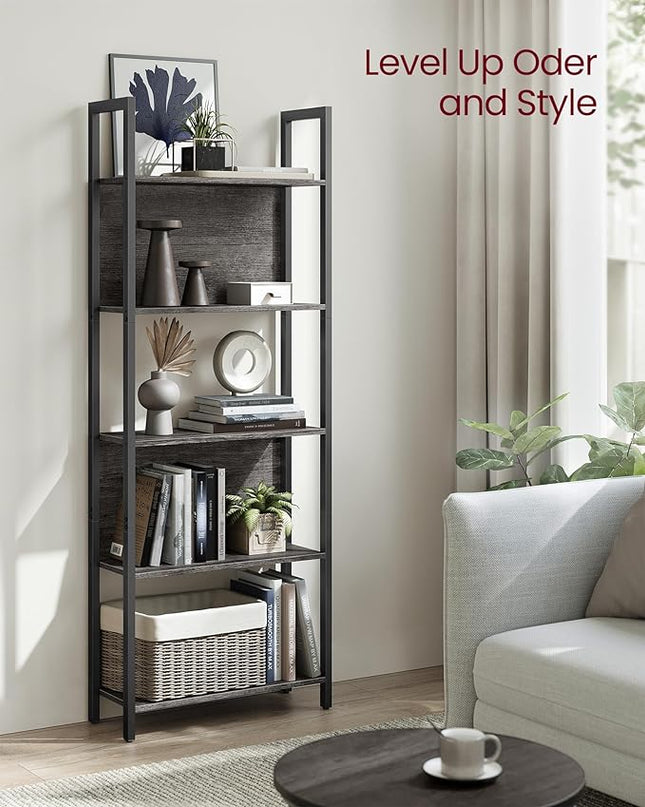VASAGLE 5-Tier Bookshelf, Book Shelf, Industrial Bookcase, with Steel Frame, for Living Room, Home Office, Bedroom, 9.4 x 24.4 x 65 Inches, Charcoal Gray and Black ULLS025B04 - LeafyLoom