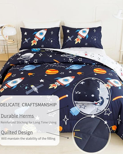 RYNGHIPY Kids Comforter Set Queen Size, Cute Space Rocket Bedding Set for Boys Girls, Space Themed Teen Boy Bedding (Space Rocket,Queen) - LeafyLoom