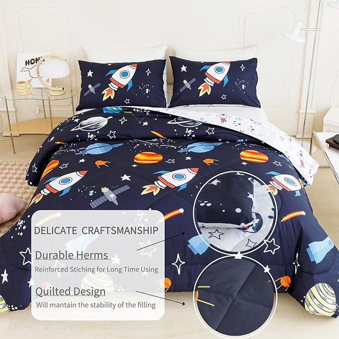 RYNGHIPY Kids Comforter Set Queen Size, Cute Space Rocket Bedding Set for Boys Girls, Space Themed Teen Boy Bedding (Space Rocket,Queen) - LeafyLoom