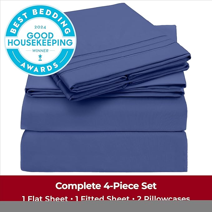 Mellanni Queen Sheets Set - 4 PC Iconic Collection Bedding Sheets & Pillowcases - Hotel Luxury, Extra Soft, Cooling Bed Sheets - Deep Pocket up to 16 inch (Queen, Blue Nova) - LeafyLoom