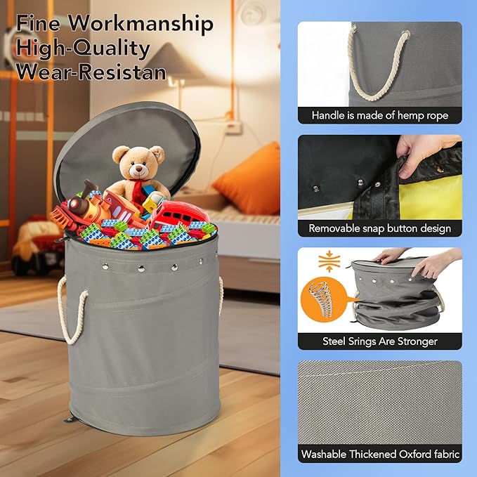 Toy Storage Basket + Play Mat for Kids Toy Chest Organizer Kids Toy Storage Organizer Foldable Big Storage Bins with Lids Large Toy Box for Boys Girls Toy Holders for Kids Rooms Nursery (Gray) - LeafyLoom