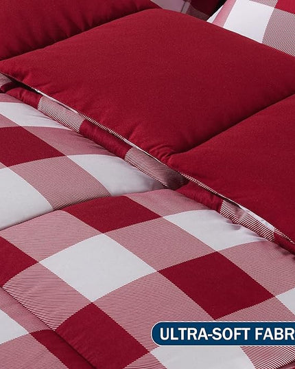 downluxe Lightweight Plaid Comforter Set (Queen) with 2 Pillow Shams - 3-Piece Set - Red/White Plaid - Down Alternative Reversible Comforter - LeafyLoom