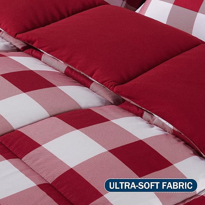 downluxe Lightweight Plaid Comforter Set (Queen) with 2 Pillow Shams - 3-Piece Set - Red/White Plaid - Down Alternative Reversible Comforter - LeafyLoom
