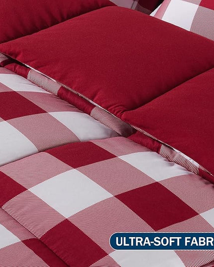 downluxe Lightweight Plaid Comforter Set (King) with 2 Pillow Shams - 3-Piece Set - Red/White Plaid - Down Alternative Reversible Comforter - LeafyLoom