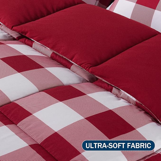 downluxe Lightweight Plaid Comforter Set (King) with 2 Pillow Shams - 3-Piece Set - Red/White Plaid - Down Alternative Reversible Comforter - LeafyLoom
