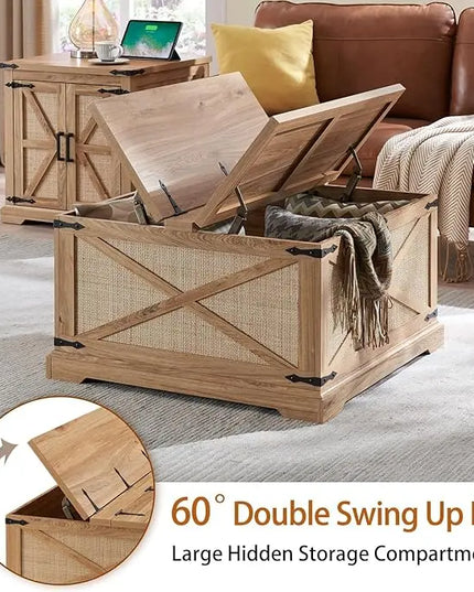Farmhouse Square Coffee Table with Storage, Wood Center Table with Hinged Lift Top, Rustic Cocktail Table with Large Hidden Storage Compartment for Living Room, Bedroom,Natural,Rattan - LeafyLoom