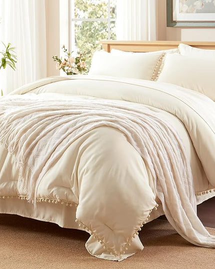 Anluoer Full Comforter Set 7 Piece, Cream Bed in a Bag with Sheets, Pom Pom Boho Bedding Comforter Sets with 1 Comforter, 2 Pillow Shams, 2 Pillowcases, 1 Flat Sheet, 1 Fitted Sheet - LeafyLoom