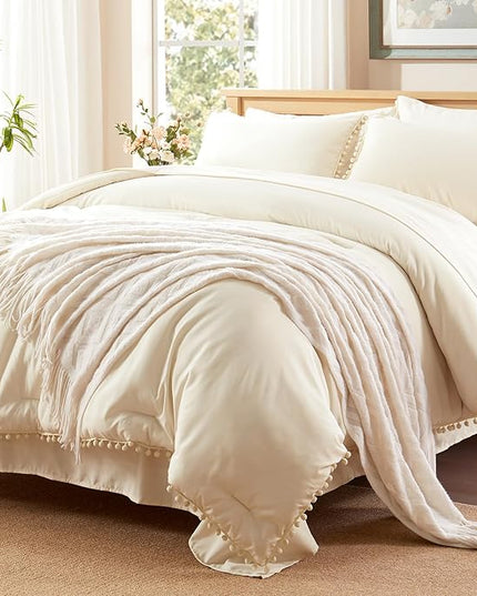 Anluoer Queen Comforter Set 7 Piece, Cream Bed in a Bag with Sheets, Pom Pom Boho Bedding Comforter Sets with 1 Comforter, 2 Pillow Shams, 2 Pillowcases, 1 Flat Sheet, 1 Fitted Sheet - LeafyLoom