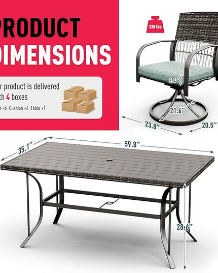 Pamapic 7 Piece Outdoor Dining Set, Rattan Outdoor Patio Furniture Set for Deck Backyard Garden with Iron Outdoor Dining Table, 6 Swivel Outdoor Dining Chairs and Removable Cushions (Green) - LeafyLoom