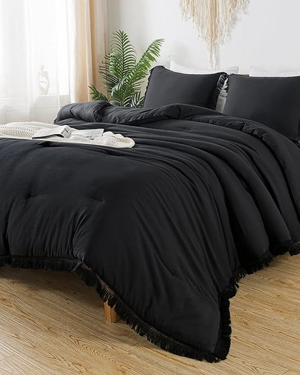 Andency Black Comforter Set Full Size, 3 Pieces Boho Tassel Lightweight Bedding Comforter Sets, All Season Soft Fluffy Fringe Bed Set (79x90In Comforter & 2 Pillowcases) - LeafyLoom