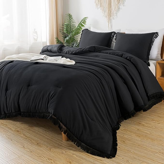 Andency Black Comforter Set Full Size, 3 Pieces Boho Tassel Lightweight Bedding Comforter Sets, All Season Soft Fluffy Fringe Bed Set (79x90In Comforter & 2 Pillowcases) - LeafyLoom