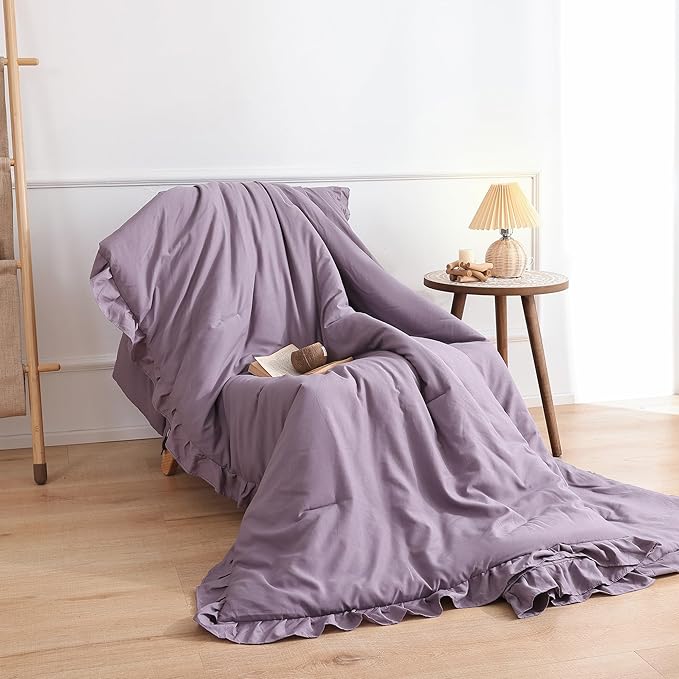 JANZAA Comforter Set Full Size Grayish Purple Ruffle Comforter 3PCS Soft Fluffy Comforter Vintage Farmhouse Bed Comforter Set Shabby Chic Bedding with 2 Pillowcases - LeafyLoom