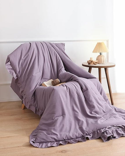 JANZAA King Size Comforter Set Grayish Purple Ruffle Comforter 3PCS Soft Fluffy Boho Comforter Vintage Farmhouse Bed Comforter Set Shabby Chic Bedding with 2 Pillowcases for All Season - LeafyLoom
