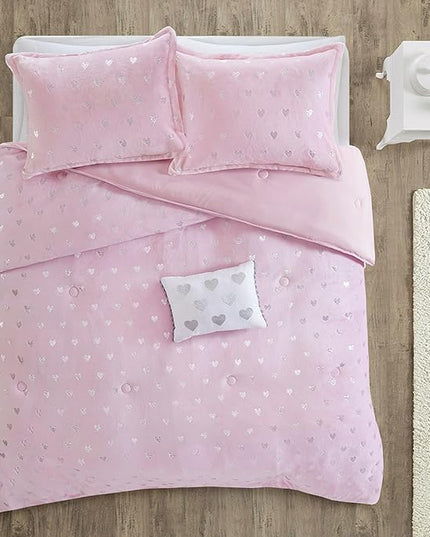Mi Zone Rosalie Comforter Set for Girls, Ultra-Soft Microlight Plush Metallic Printed Hearts Brushed Reverse Overfilled Down Alternative Hypoallergenic All Season, , Full/Queen, Pink/Silver, 4 Piece - LeafyLoom