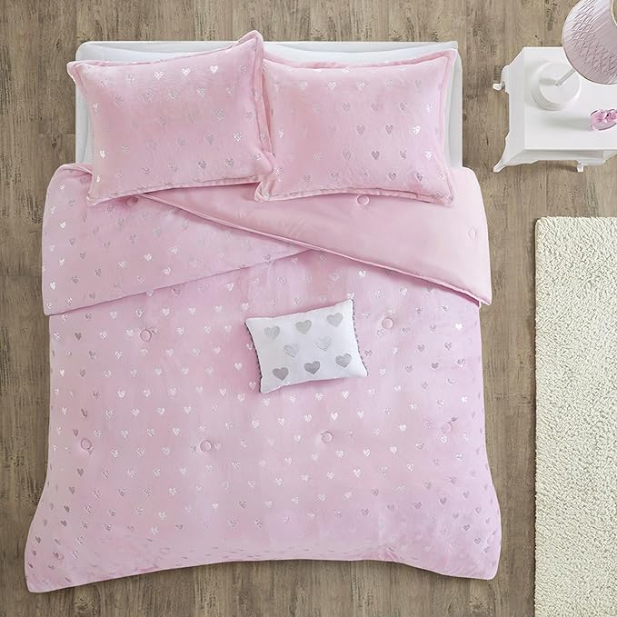 Mi Zone Rosalie Comforter Set for Girls, Ultra-Soft Microlight Plush Metallic Printed Hearts Brushed Reverse Overfilled Down Alternative Hypoallergenic All Season, , Full/Queen, Pink/Silver, 4 Piece - LeafyLoom