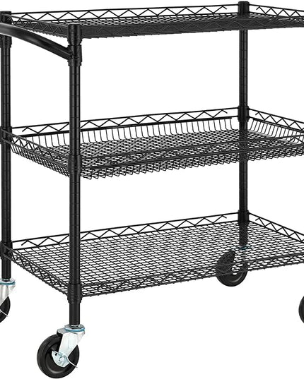 Finnhomy 3 Tier Heavy Duty Commercial Grade Utility Cart, Wire Rolling Cart with Handle Bar, Steel Service Cart with Wheels, Kitchen Cart on Wheels, Food Storage Trolley, NSF Listed, Black - LeafyLoom