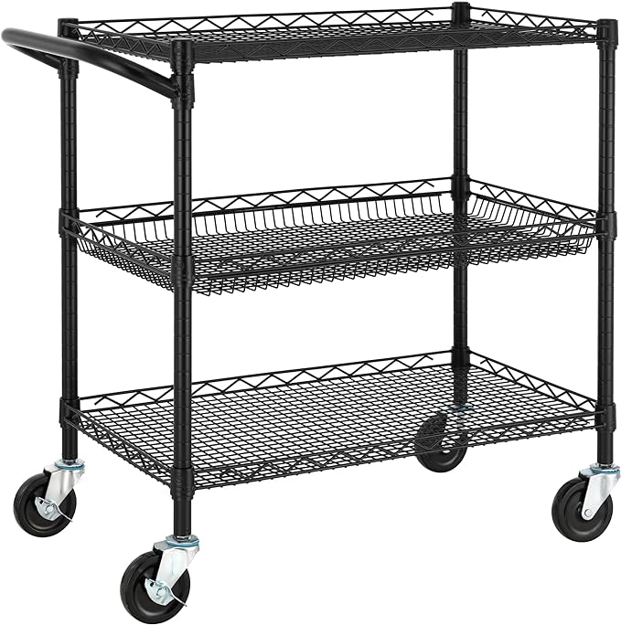 Finnhomy 3 Tier Heavy Duty Commercial Grade Utility Cart, Wire Rolling Cart with Handle Bar, Steel Service Cart with Wheels, Kitchen Cart on Wheels, Food Storage Trolley, NSF Listed, Black - LeafyLoom