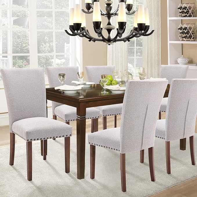 Parsons Dining Chairs Set of 2, Upholstered Nailhead Dining Room Kitchen Side Chair with Thick Cushions and Wood Legs, Light Grey - LeafyLoom