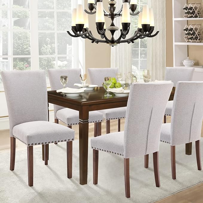 Parsons Dining Chairs Set of 4, Upholstered Nailhead Dining Room Kitchen Side Chair with Thick Cushions and Wood Legs, Light Grey - LeafyLoom